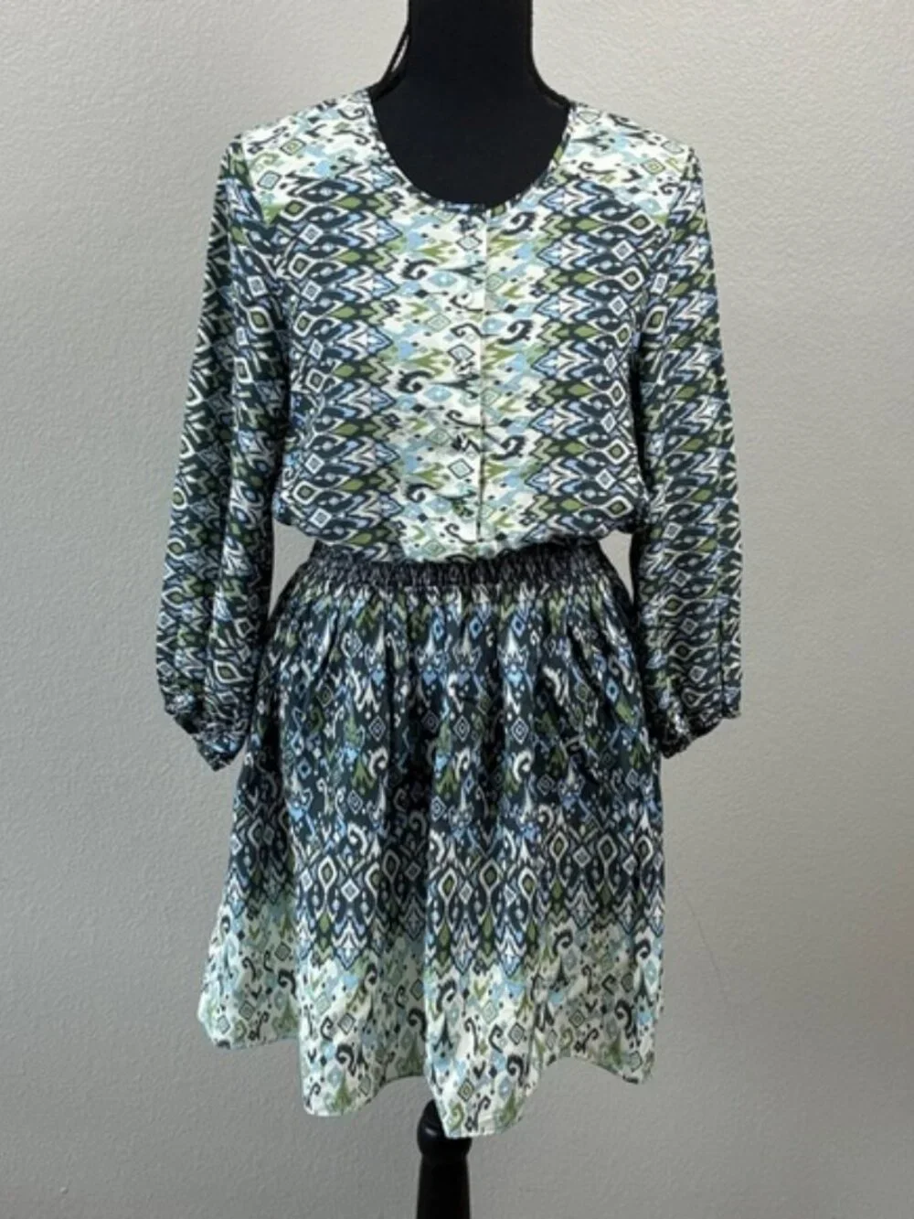 Shoshanna Mirza Dress Blue Geo Ikat Smocked Waist 3/4 Sleeves Mini/Midi NEW 10 - Picture 3 of 7